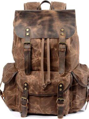 Leather Backpack for Men, Waxed Canvas Shoulder Rucksack CarryOn Travel Backpack